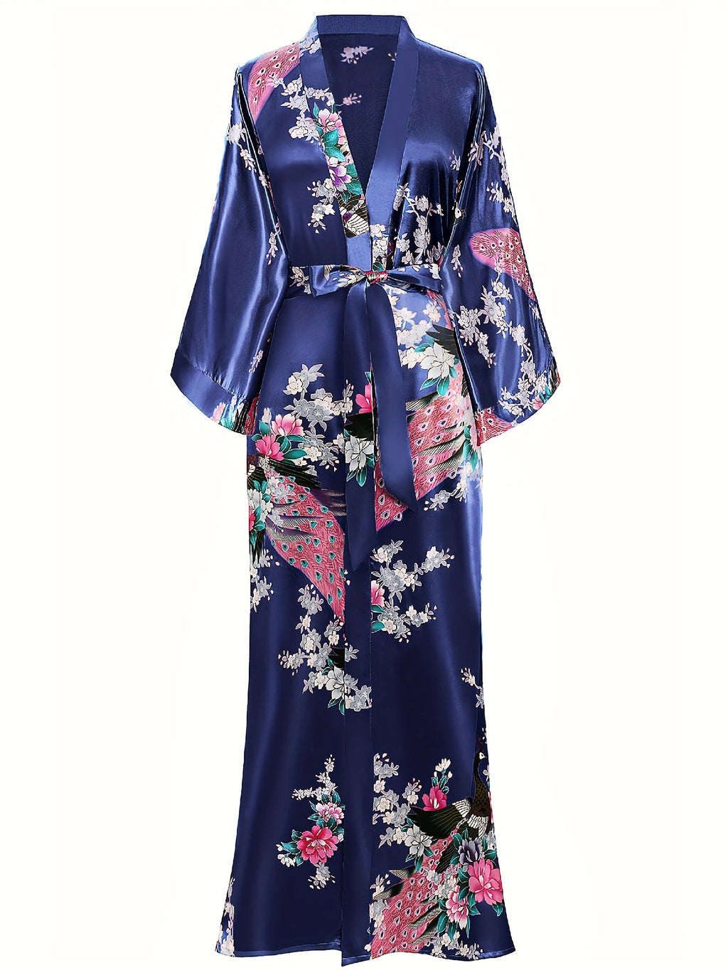 Women's Kimono Robe Long Satin Robes with Peacock/Blossoms Kimono Gown