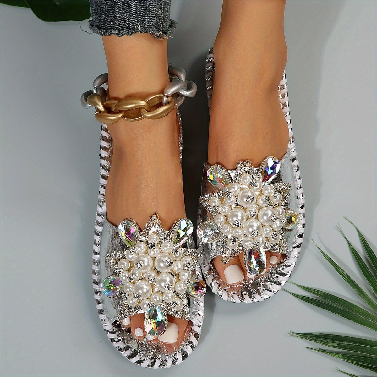 Women's Hand Stitched Floral Rhinestone Pearl Slipper